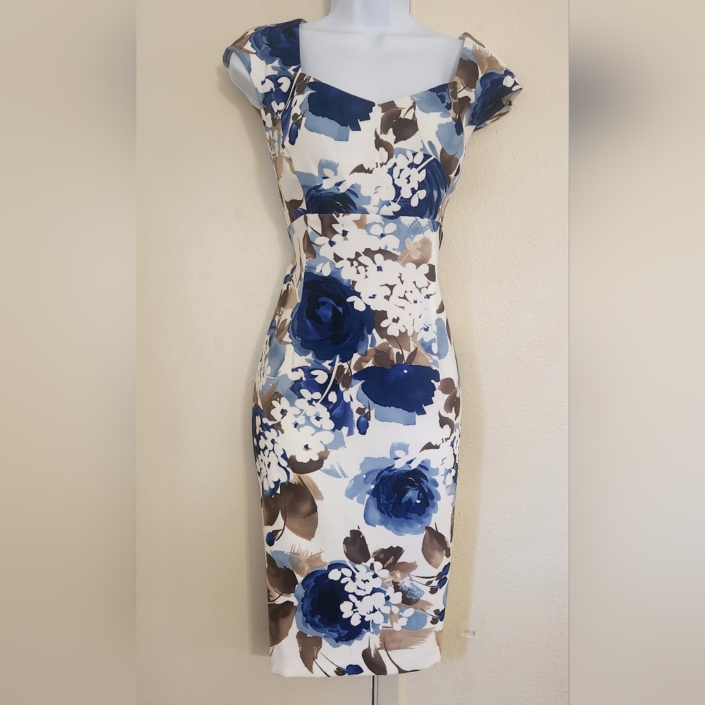 Connected Apparel Blue and Brown Floral Midi Dress Sz 12 - Picture 1 of 8